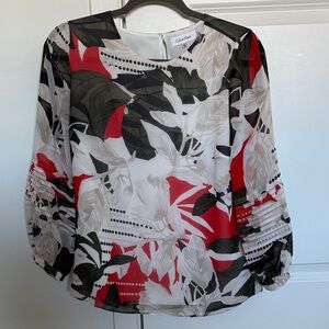 Calvin Klein Women's Abstract Print Blouse - Red, Black, and White
